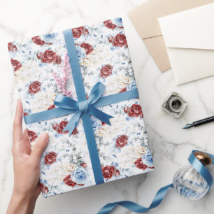 Floral Botanical Dusty Blue and Burgundy Red Wrapping Paper
