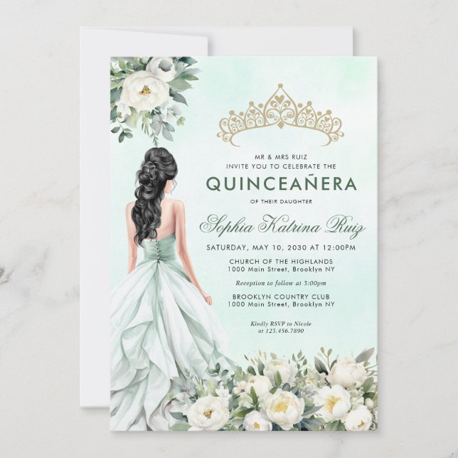 Floral Botanical Emerald Gold Princess Quinceañera Invitation (Front)
