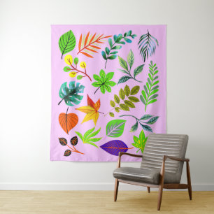 Floral Botanical Garden - Modern Leaves on Pink Tapestry