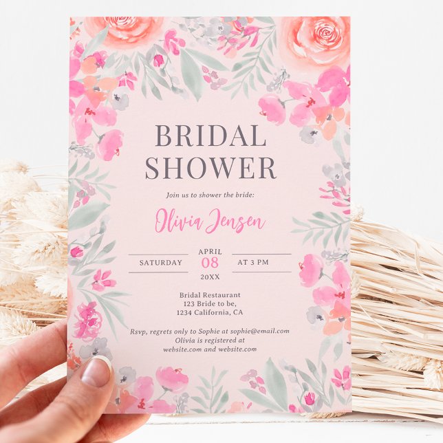 Floral botanical garden pink peach bridal shower invitation (Creator Uploaded)