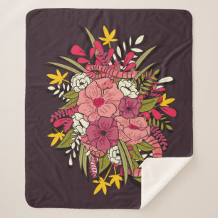Floral botanical hand drawn vibrant vintage illust sherpa blanket