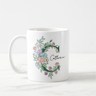 Floral Botanical Monogram   Custom Text Elegant Co Coffee Mug