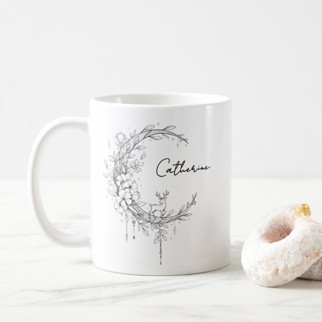Floral Botanical Monogram | Custom Text Elegant Co Coffee Mug (With Donut)