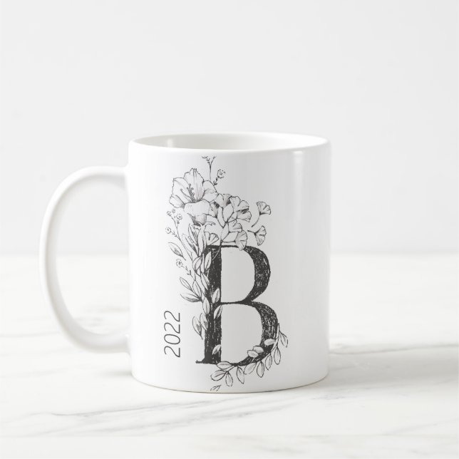 Floral Botanical Monogram | Custom Text Elegant Co Coffee Mug (Left)