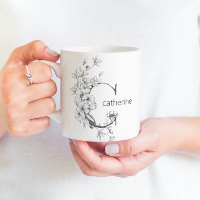Floral Botanical Monogram | Custom Text Elegant Coffee Mug (Creator Uploaded)