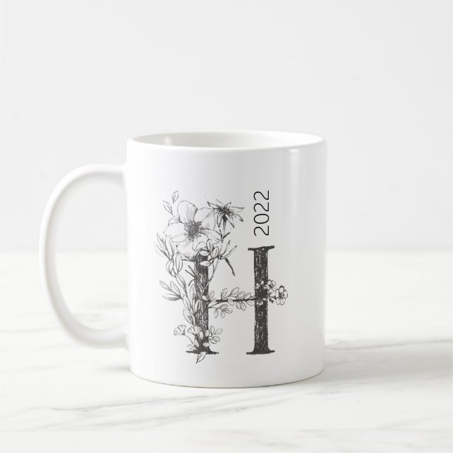 Floral Botanical Monogram | Custom Text Elegant Coffee Mug (Left)
