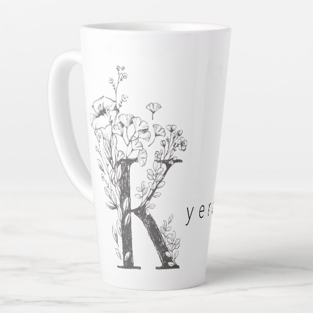 Floral Botanical Monogram "K" Custom Text Elegant Latte Mug (Left Angle)
