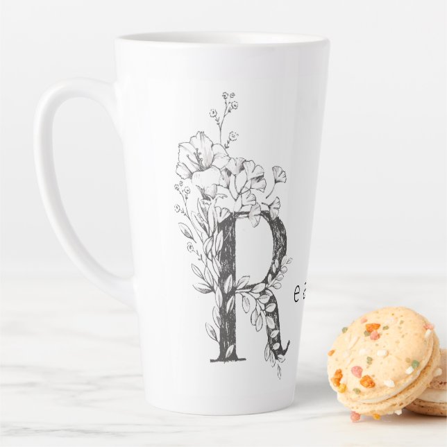 Floral Botanical Monogram "R" Custom Text Elegant Latte Mug (In Situ)
