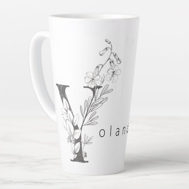 Floral Botanical Monogram "Y" Custom Text Elegant Latte Mug (Left Angle)