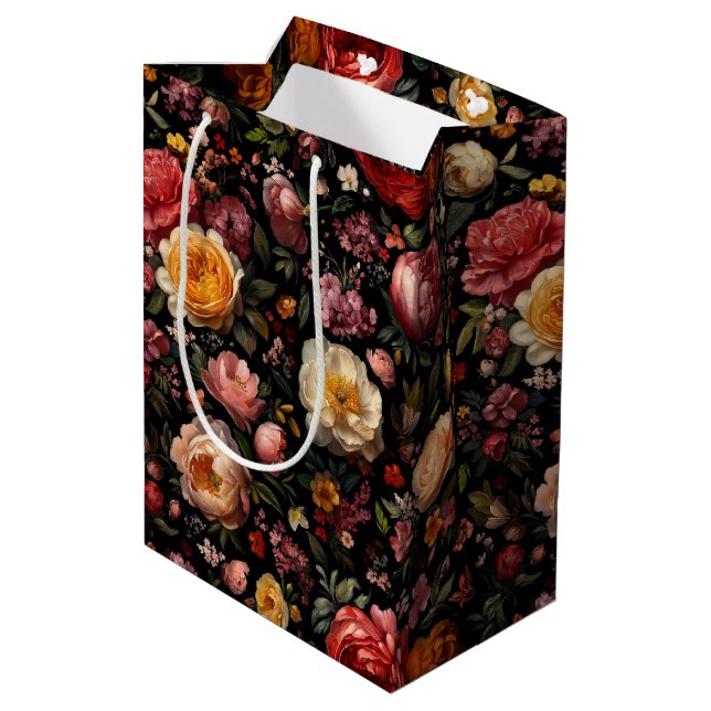 Floral Botanical Moody Black Dutch Fine Art Flower Medium Gift Bag (Back Angled)