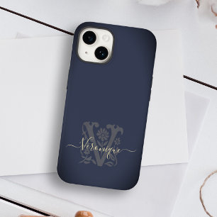 Floral Botanical Navy Blue & Gold Name Monogram  Case-Mate iPhone 14 Case