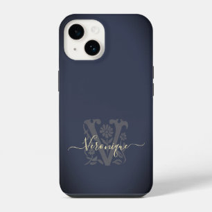 Floral Botanical Navy Blue & Gold V Name Monogram iPhone 14 Case