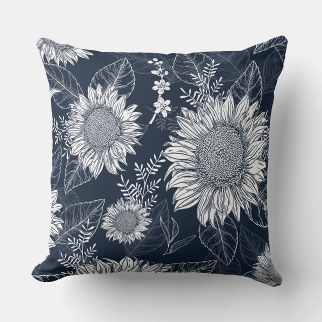 Floral Botanical Navy Blue Sunflower Throw Pillow (Front)