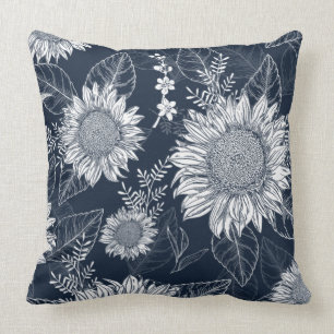 Floral Botanical Navy Blue Sunflower Throw Pillow