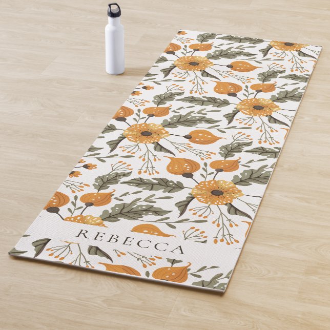 Floral Botanical Pattern Golden Green Custom Name Yoga Mat (In Situ)