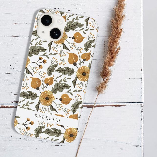 Floral Botanical Pattern White Golden Custom Name Case-Mate iPhone Case (Creator Uploaded)