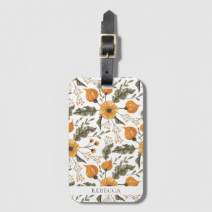 Floral Botanical Pattern White Golden Custom Name Luggage Tag