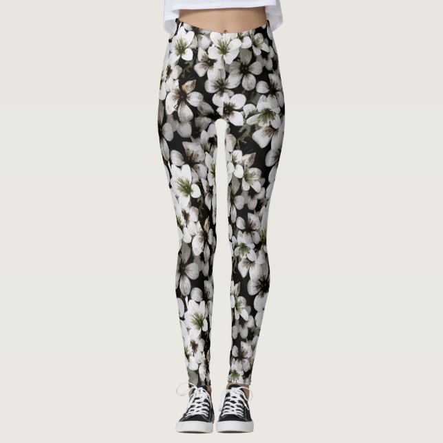 Floral Botanical Photo White Flowers Leggings (Front)