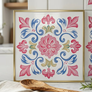 Floral Botanical Pink Blue Green Tile