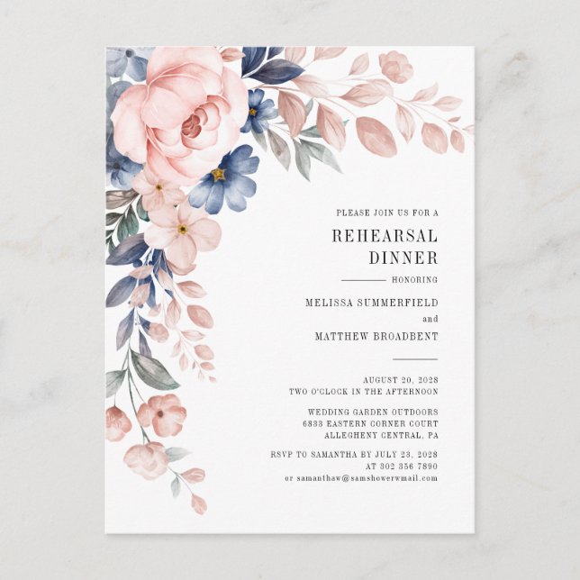 Floral Botanical Pink Flowers Rehearsal Dinner Invitation Postcard (Front)