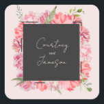 Floral Botanical Pink Wedding Square Sticker<br><div class="desc">Pink floral botanical design around dark grey square with off white text.</div>
