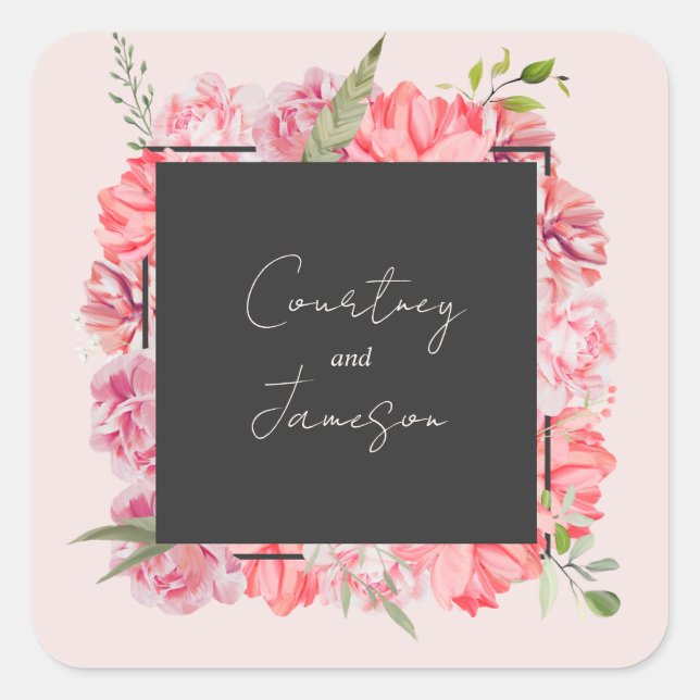 Floral Botanical Pink Wedding Square Sticker (Front)