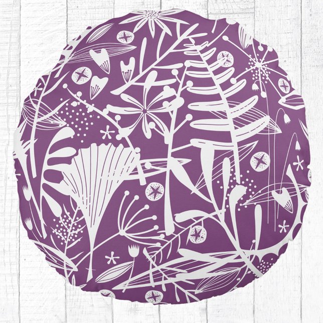 Floral Botanical Purple Round Cushion (Purple and white botanical silhouette round pillow)