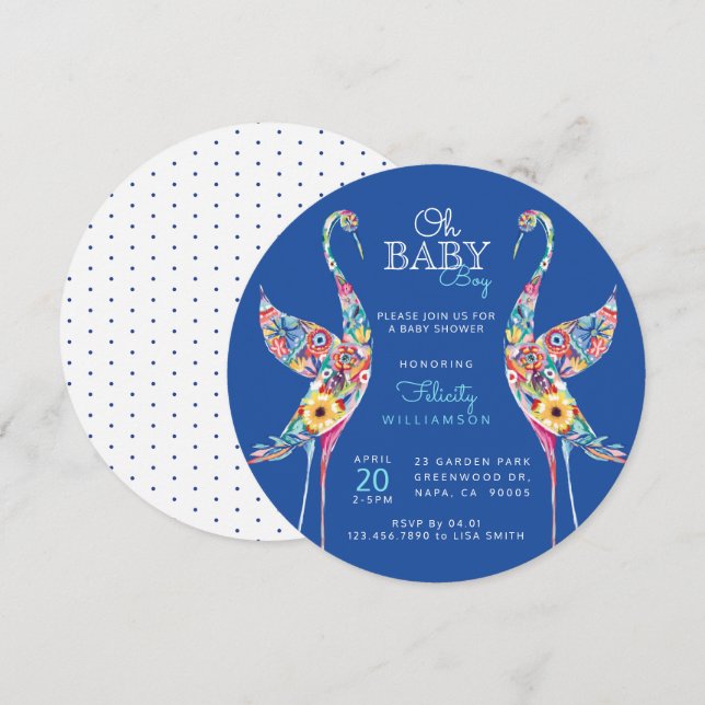 Floral Botanical Stork Baby Boy Shower Invitation (Front/Back)