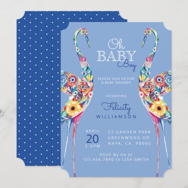 Floral Botanical Stork Baby Boy Shower Invitation (Front/Back)