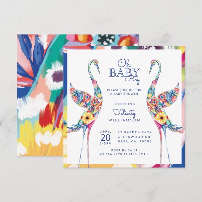 Floral Botanical Stork Baby Boy Shower Invitation (Front/Back)