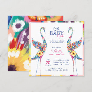 Floral Botanical Stork Baby Girl Shower Invitation