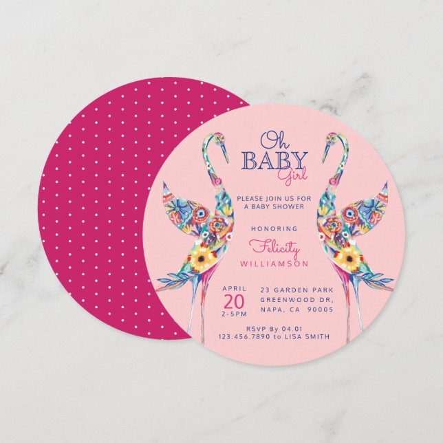 Floral Botanical Stork Baby Girl Shower Invitation (Front/Back)