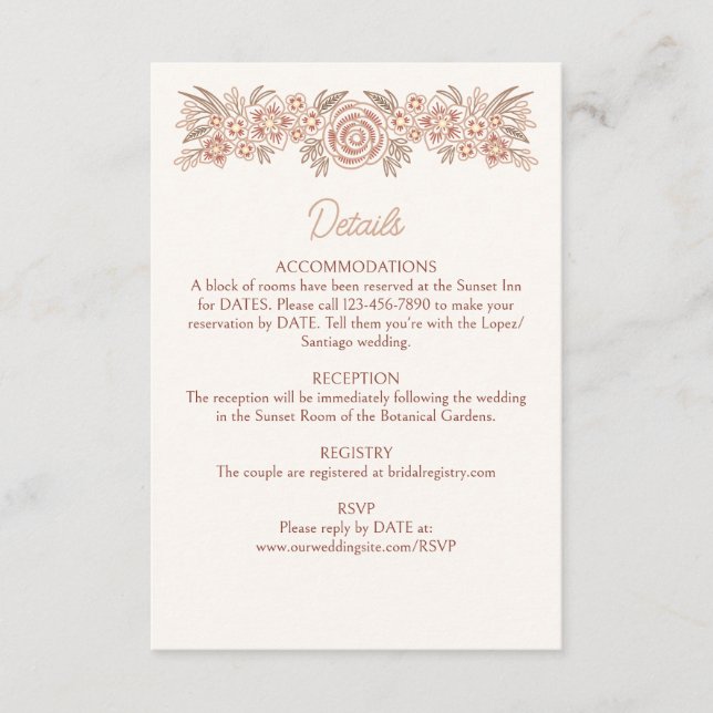 Floral Botanical Terracotta Wedding Details Enclosure Card (Front)