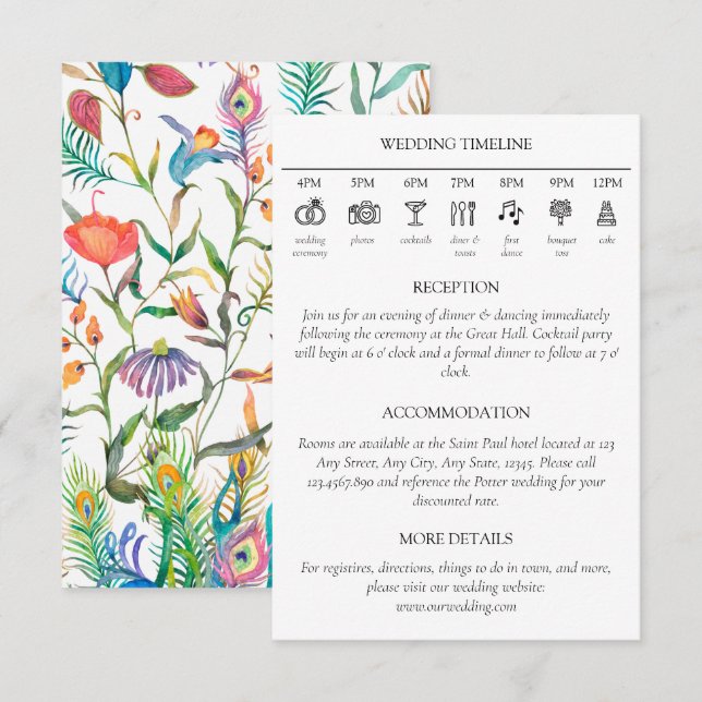 Floral Botanical Vibrant Wedding Timeline Details Enclosure Card (Front/Back)