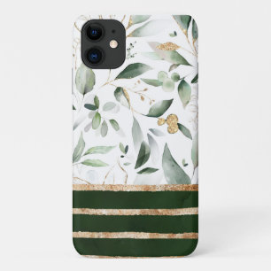 Floral Botanical Watercolor Gold Glitter Green iPhone 11 Case