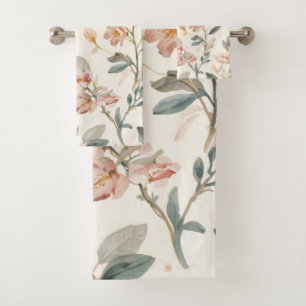 Floral Botanical Watercolor Leaves Beige Painted Bath Towel Set
