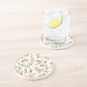 Floral Botanical Watercolor Leaves Beige Painted Coaster