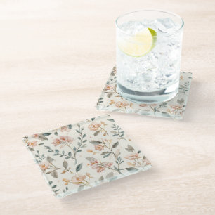 Floral Botanical Watercolor Leaves Beige Painted Glass Coaster