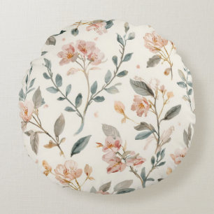 Floral Botanical Watercolor Leaves Beige Painted Round Cushion