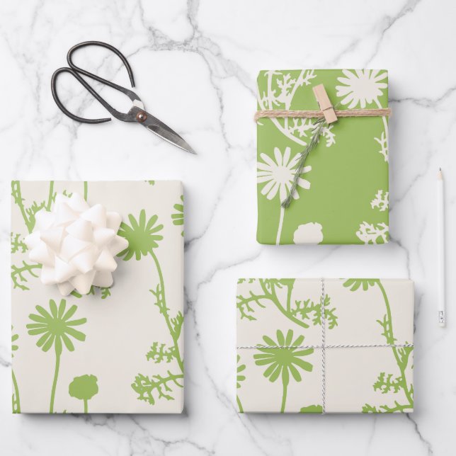 Floral Botanical Wild Daisies Lime Green Patterns Wrapping Paper Sheet (Front)