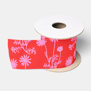 Floral Botanical Wild Daisies Pink and Red Satin Ribbon