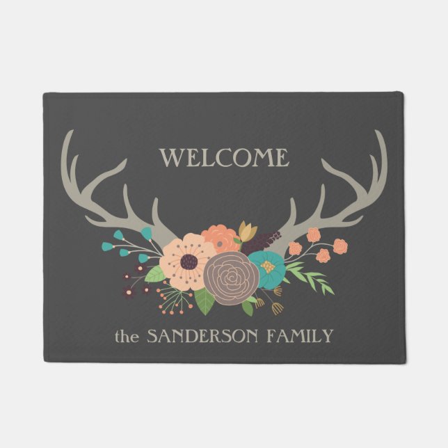 Floral Bouquet Antlers Welcome Doormat (Front)