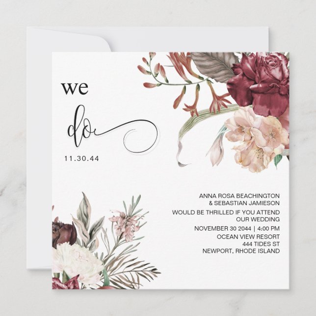 *~* Floral Bouquet AR15 QR RSVP BURGANDY WEDDING Invitation (Front)