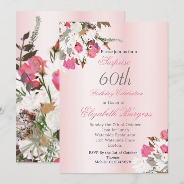 Floral Bouquet Elegant Pink 60th Birthday Invitation (Front/Back)