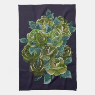 Floral bouquet, green roses on dark blue  tea towel
