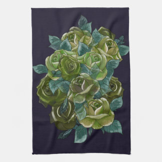 Floral bouquet, green roses on dark blue tea towel
