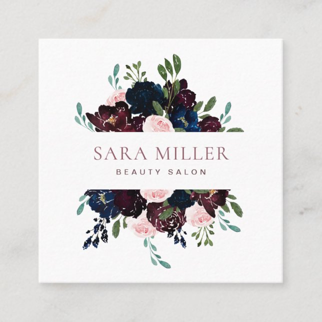 Floral Bouquet Greenery Pink Blue Burgundy Square Business Card (Front)