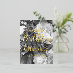 Floral Bouquet Happy Birthday Black and White Foil Holiday Postcard