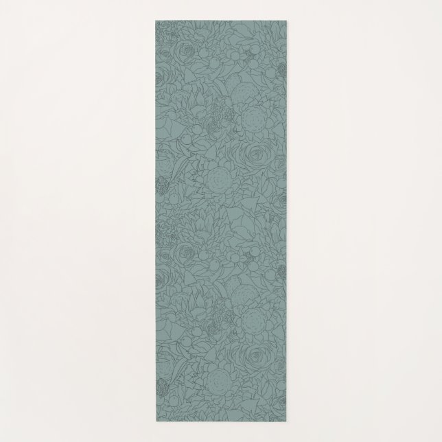 Floral Bouquet Line Art Ink Illustration in Teal Yoga Mat (Front)