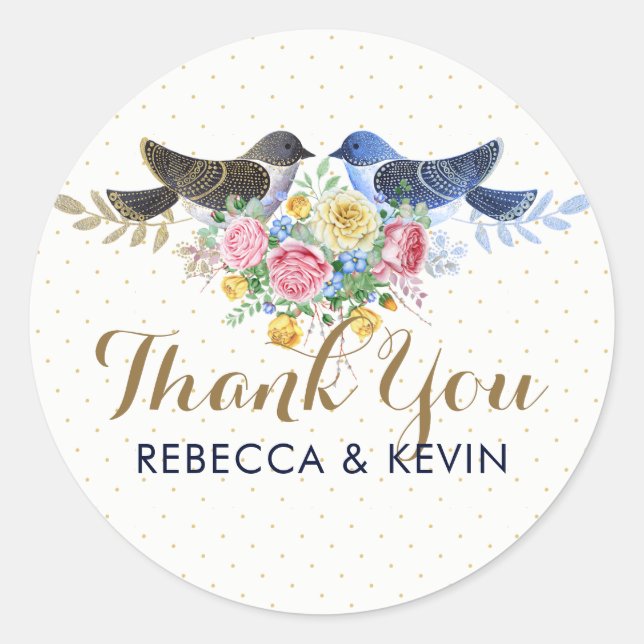 Floral Bouquet & Love Birds Thank You Classic Round Sticker (Front)